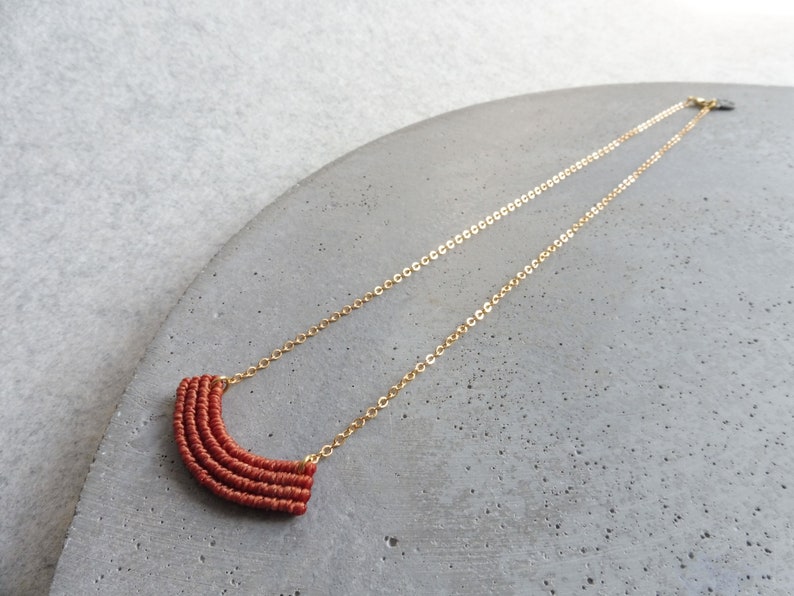 Dainty Crescent Textile Necklace in Terracotta . Modern Macrame Jewelry . Minimalist Fiber Jewellery . Small Macrame . Design by .. raïz .. image 3