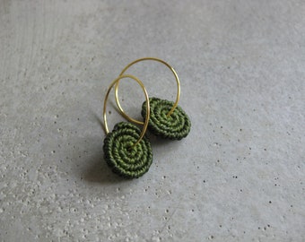 Coil Hoop Fiber Earrings . Olive Green . Gold or Silver Hoops . Circle Macrame Earrings . Lightweight Colorful Earrings . Design by ....raïz