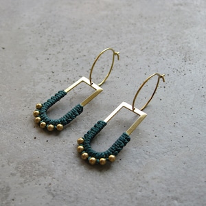 Dangle Brass Hoop Earrings w/ Green Fiber Detail . Charm Hoops . Gold Beaded Earrings . Modern Macrame . Textile Jewellery . Light Earrings image 7