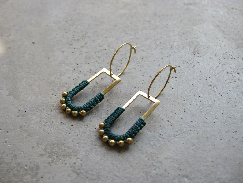 Dangle Brass Hoop Earrings w/ Green Fiber Detail . Charm Hoops . Gold Beaded Earrings . Modern Macrame . Textile Jewellery . Light Earrings image 7