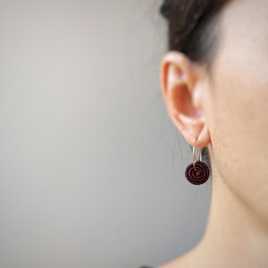 Burgundy Coil Earrings . MicroMacrame Gold or Silver Hoops . Circle Round Macrame Earrings . Lightweight Earrings . Design by ....raïz image 2