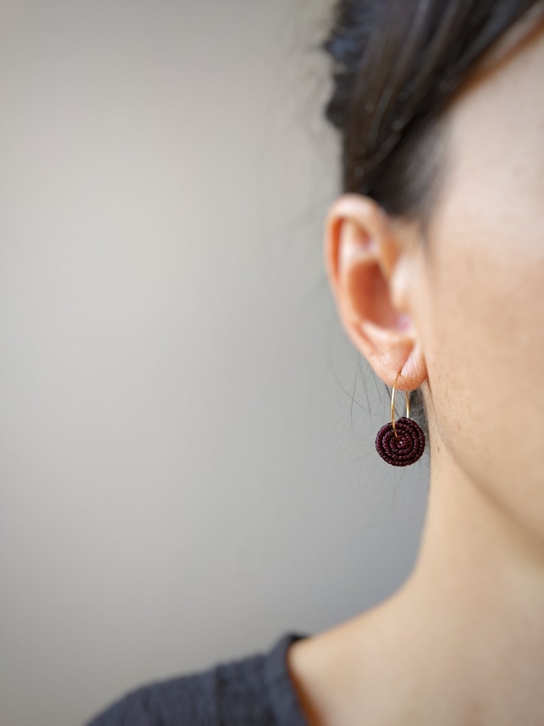 Burgundy Coil Earrings . MicroMacrame Gold or Silver Hoops . Circle Round Macrame Earrings . Lightweight Earrings . Design by ....raïz image 2