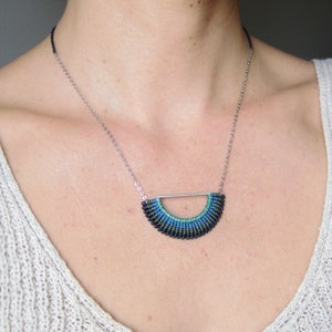 Adjustable Length Blue & Green Fiber Necklace: Half Circle Macrame Jewelry