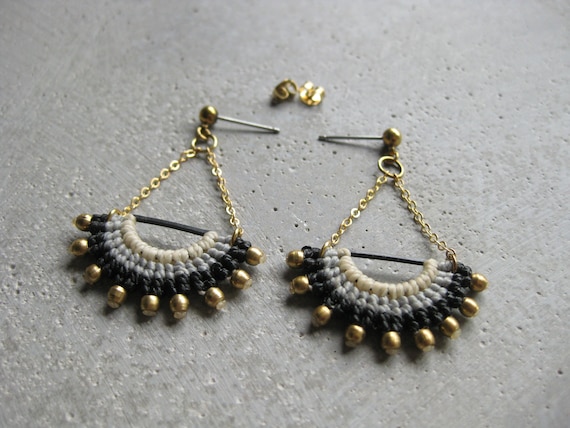 I N T I . Long Dangling Fiber & Brass Earrings . Micro Macrame © Design by .. raïz ..