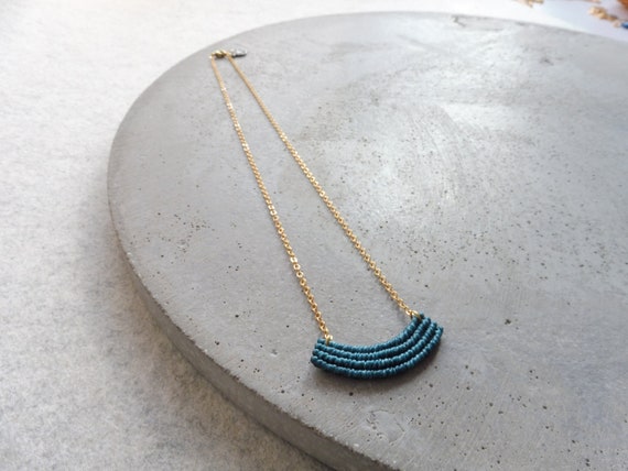 S u k a . Dainty Crescent Textile Necklace in Teal . Modern Minimalist Macrame Jewelry . Design by .. raïz ..