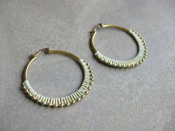 C A L Y P S O . Aqua Brass Hoop Earrings . Fiber Jewelry . Textile Jewellery  © Design by .. raïz ..