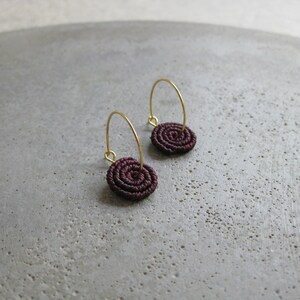 Burgundy Coil Earrings . MicroMacrame Gold or Silver Hoops . Circle Round Macrame Earrings . Lightweight Earrings . Design by ....raïz image 7