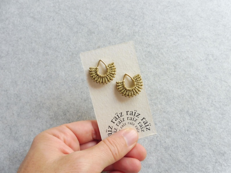 Sun Earrings . Golden Metallic Macrame Earrings . Teardrop Studs 16ct Gold Plated . Woven Fiber Jewelry . Design by .. raïz .. image 7
