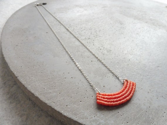 S u k a . Dainty Crescent Textile Necklace in Coral . Modern Minimalist Macrame Jewelry . Design by .. raïz ..