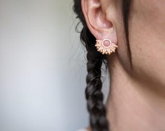 MicroMacrame Beaded Stud Earrings in Blush Pink . Gold or Silver . Modern Macrame Jewelry . Boho Chic Earrings . Design by .. raïz ..