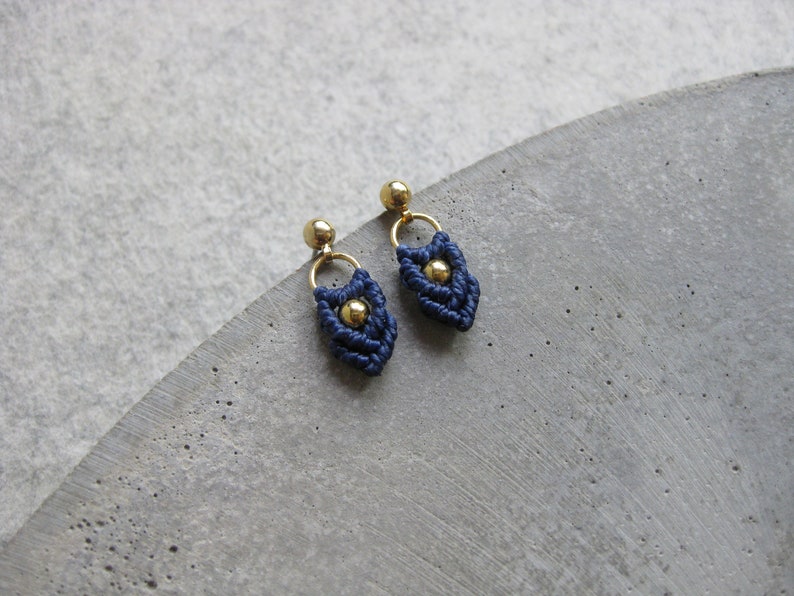 Small Macramé Earrings . Gold or Silver . Navy Blue . Dainty Dangle Earrings . Stud Hoops . Beaded Earrings . Design by .. raïz .. image 5