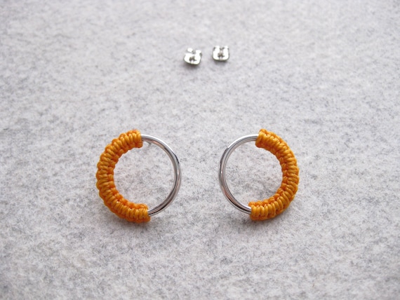 M E Ï A . Circle Silver or Gold Hoop Stud Earrings . Modern Fiber Jewelry . Micro Macramé .  © Design by .. raïz ..