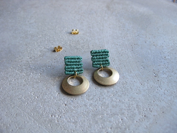 L u a . Stud Earrings in Turquoise with Circular Brass Adornment . Modern Fiber Textile Jewelry.  © Design by .. raïz ..