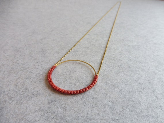 R i O . Circle Hoop Pendant Necklace . Terracotta & Brass  . Modern Fiber Textile Jewelry © Design by .. raïz ..