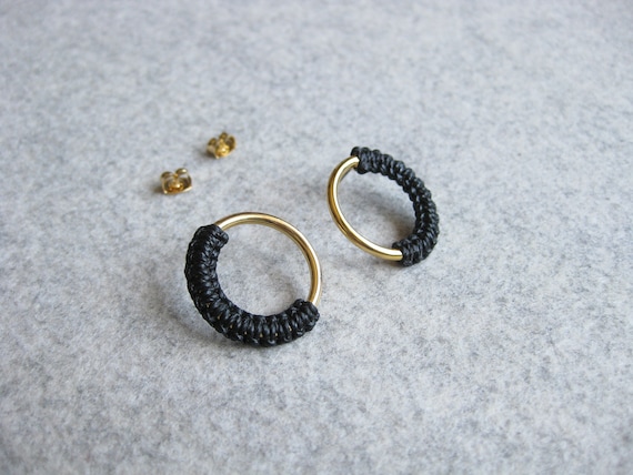 Circle Gold Hoop Stud Earrings . Black Fiber Jewelry . Modern Minimalist Geometric Macramé . Design by .. raïz ..