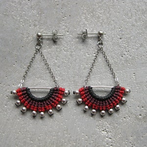 Red Textile Dangling Earrings . Half Circle Silver Chain EarStud . Micro Macrame Fibre Jewelry . Design by .. raïz .. image 6