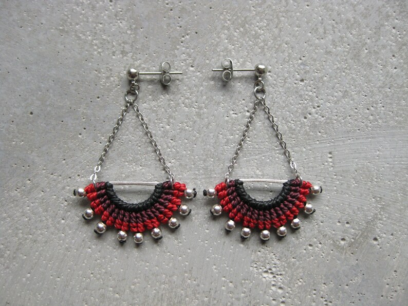 Red Textile Dangling Earrings . Half Circle Silver Chain EarStud . Micro Macrame Fibre Jewelry . Design by .. raïz .. image 6