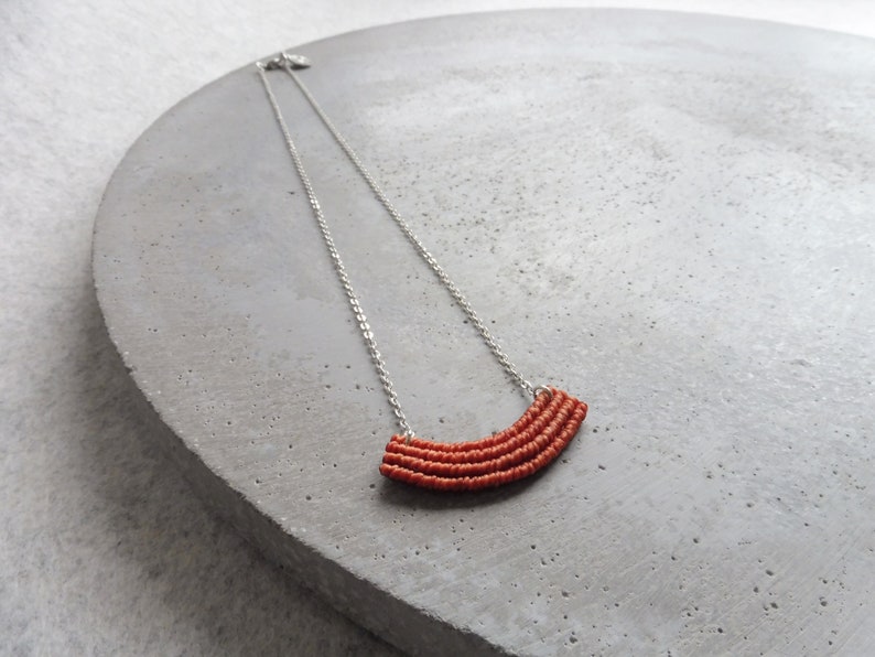 Dainty Crescent Textile Necklace in Terracotta . Modern Macrame Jewelry . Minimalist Fiber Jewellery . Small Macrame . Design by .. raïz .. image 7