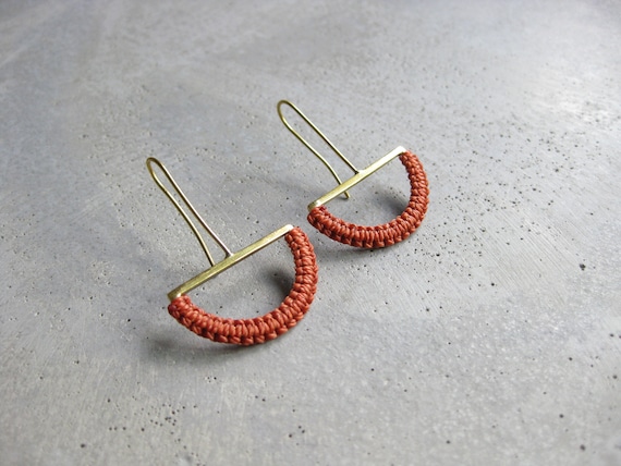 O L G A . Brass Semi Circle Long Earrings . Terracotta . Modern Macrame . Fiber Textile Jewellery © Design by .. raïz ..