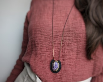 CHAROITE Crystal Necklace . Adjustable Length . Purple Stone Pendant . Micro Macrame . Fiber Jewelry . Design by .. raïz ..