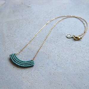 Dainty Minimalist Macrame Necklace . Turquoise . Gold Brass Chain . Modern Textile Jewelry . Fiber. Crescent Necklace . Design by .. raïz .. image 6
