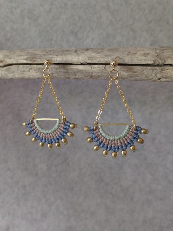 I N T I . Long Dangling Fiber & Metal Earrings . Yellow . Micro Macrame © Design by .. raïz ..