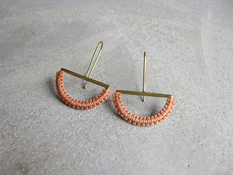 HalfMoon Earrings . Brass Dangle Drop Earrings . Textile Fiber Jewelry . Modern Macramé Jewelry . Geometric . Pastel Jewellery image 2