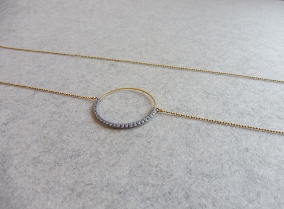 R i O . Circle Hoop Pendant Necklace . Grey & Brass  . Modern Fiber Textile Jewelry © Design by .. raïz ..