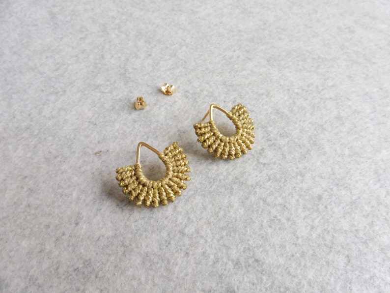 Sun Earrings . Golden Metallic Macrame Earrings . Teardrop Studs 16ct Gold Plated . Woven Fiber Jewelry . Design by .. raïz .. image 6