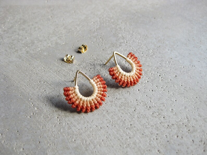 Fan Shape Stud Earrings . Gold . Terracotta . Modern Macrame Earrings . Teardrop Earrings . MicroMacrame Jewellery . Design by .. raïz .. image 1