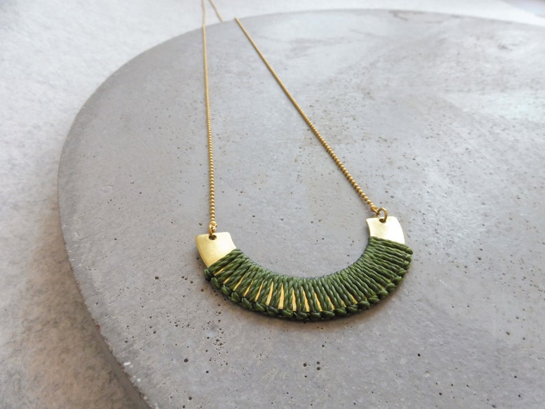 Brass Necklace w/ Fiber Detail . Modern Macrame Necklace . Minimalist Textile Jewelry . Semicircle Design by .. raïz .. image 4