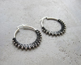 Beaded Hoop Earrings . Black Fiber on Silver Plated Hoops . Textile Jewellery . Boho Earrings Jewelry . Design by .. raïz ..