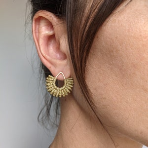 Sun Earrings . Golden Metallic Macrame Earrings . Teardrop Studs 16ct Gold Plated . Woven Fiber Jewelry . Design by .. raïz .. image 3