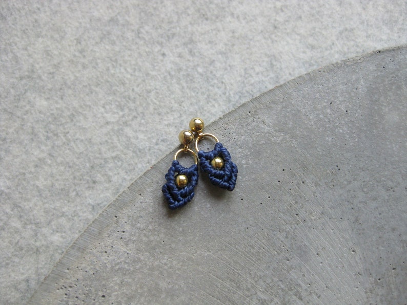 Small Macramé Earrings . Gold or Silver . Navy Blue . Dainty Dangle Earrings . Stud Hoops . Beaded Earrings . Design by .. raïz .. image 1