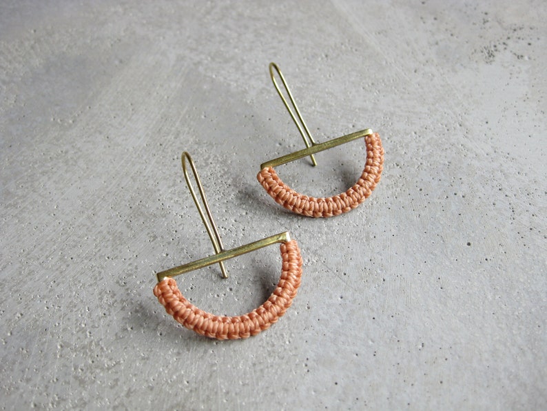 HalfMoon Earrings . Brass Dangle Drop Earrings . Textile Fiber Jewelry . Modern Macramé Jewelry . Geometric . Pastel Jewellery image 8