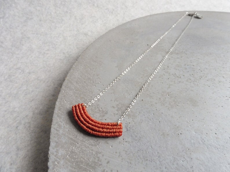 Dainty Crescent Textile Necklace in Terracotta . Modern Macrame Jewelry . Minimalist Fiber Jewellery . Small Macrame . Design by .. raïz .. image 6