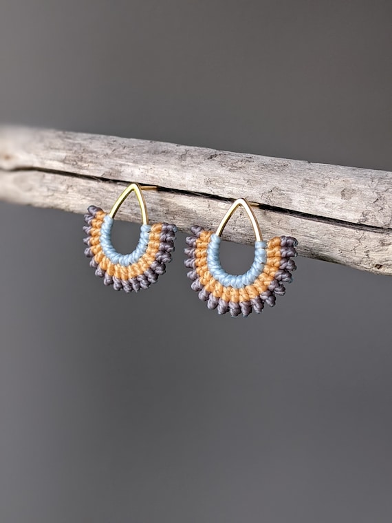 I B E Y I . Teardrop Stud Earrings . 16ct Gold Plated . Micro Macrame . Fiber Jewelry Textile . © Design by .. raïz ..