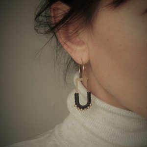 Dangle Brass Hoop Earrings w/ Green Fiber Detail . Charm Hoops . Gold Beaded Earrings . Modern Macrame . Textile Jewellery . Light Earrings image 4