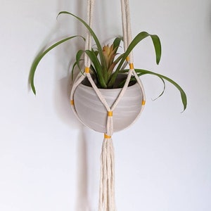 May include: A white macrame plant hanger with yellow accents holds a white ceramic pot with a green plant and a yellow flower.