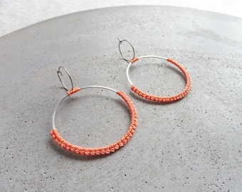 Double Hoops w/ Coral Fiber . Circle Earrings . Round Earrings . Gold or Stainless Steel. Lightweight Earrings . Statement Textile Earrings