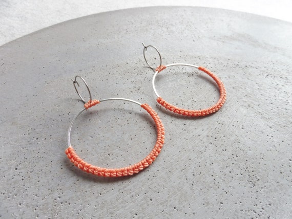 Double Hoops w/ Coral Fiber . Circle Earrings . Round Earrings . Gold or Stainless Steel. Lightweight Earrings . Statement Textile Earrings