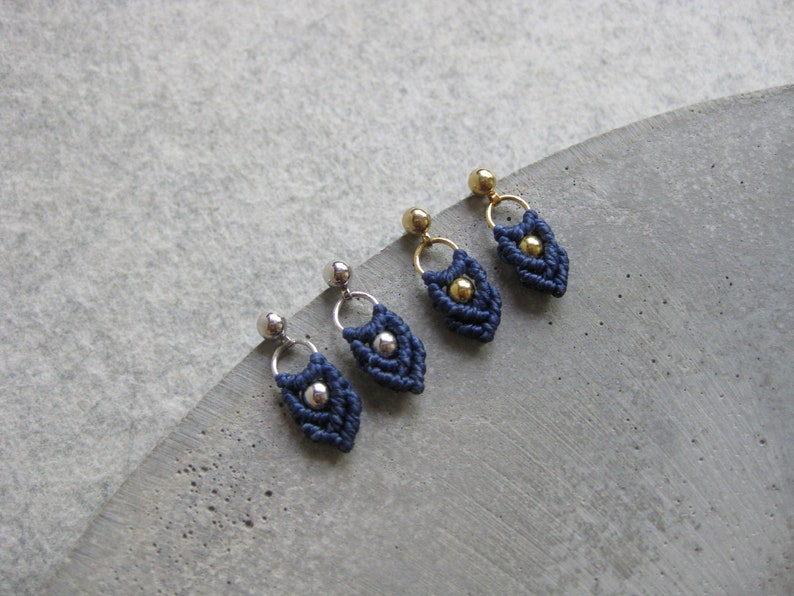 Small Macramé Earrings . Gold or Silver . Navy Blue . Dainty Dangle Earrings . Stud Hoops . Beaded Earrings . Design by .. raïz .. image 4