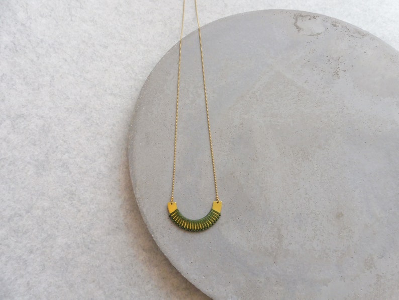 Brass Necklace w/ Fiber Detail . Modern Macrame Necklace . Minimalist Textile Jewelry . Semicircle Design by .. raïz .. image 7