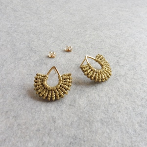 Sun Earrings . Golden Metallic Macrame Earrings . Teardrop Studs 16ct Gold Plated . Woven Fiber Jewelry . Design by .. raïz .. image 8