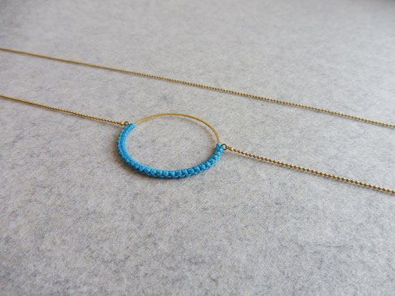 R i O . Circle Hoop Pendant Necklace . Vivid Blue on Brass  . Modern Fiber Textile Jewelry © Design by .. raïz ..