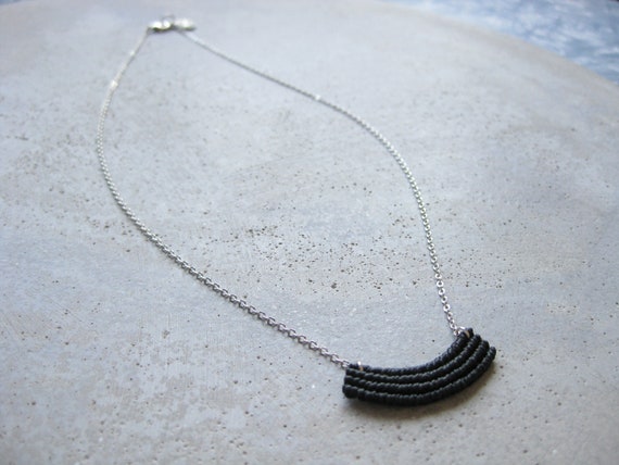 Small Macrame Necklace in Black . Silver Chain . Modern Textile Jewelry . Fiber Metal . Crescent Necklace . Design by .. raïz ..