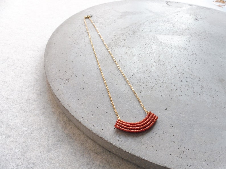 Dainty Crescent Textile Necklace in Terracotta . Modern Macrame Jewelry . Minimalist Fiber Jewellery . Small Macrame . Design by .. raïz .. image 1