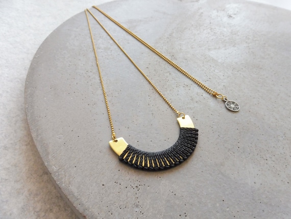 Crescent Brass Necklace Fiber Detail . SemiCircle Modern  and Minimalist Textile Pendant . Black & Gold Jewelry . Design by .. raïz ..