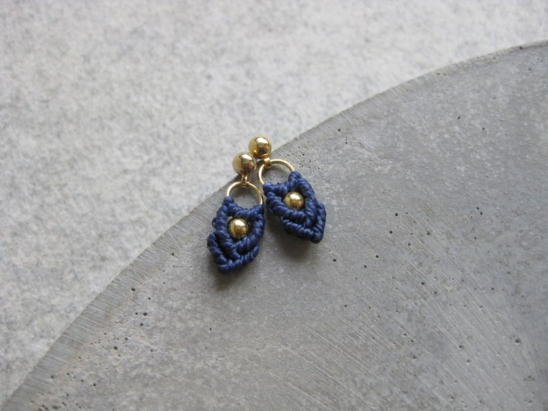 Small Macramé Earrings . Gold or Silver . Navy Blue . Dainty Dangle Earrings . Stud Hoops . Beaded Earrings . Design by .. raïz .. image 10