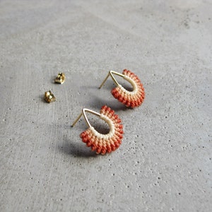 Fan Shape Stud Earrings . Gold . Terracotta . Modern Macrame Earrings . Teardrop Earrings . MicroMacrame Jewellery . Design by .. raïz .. image 3